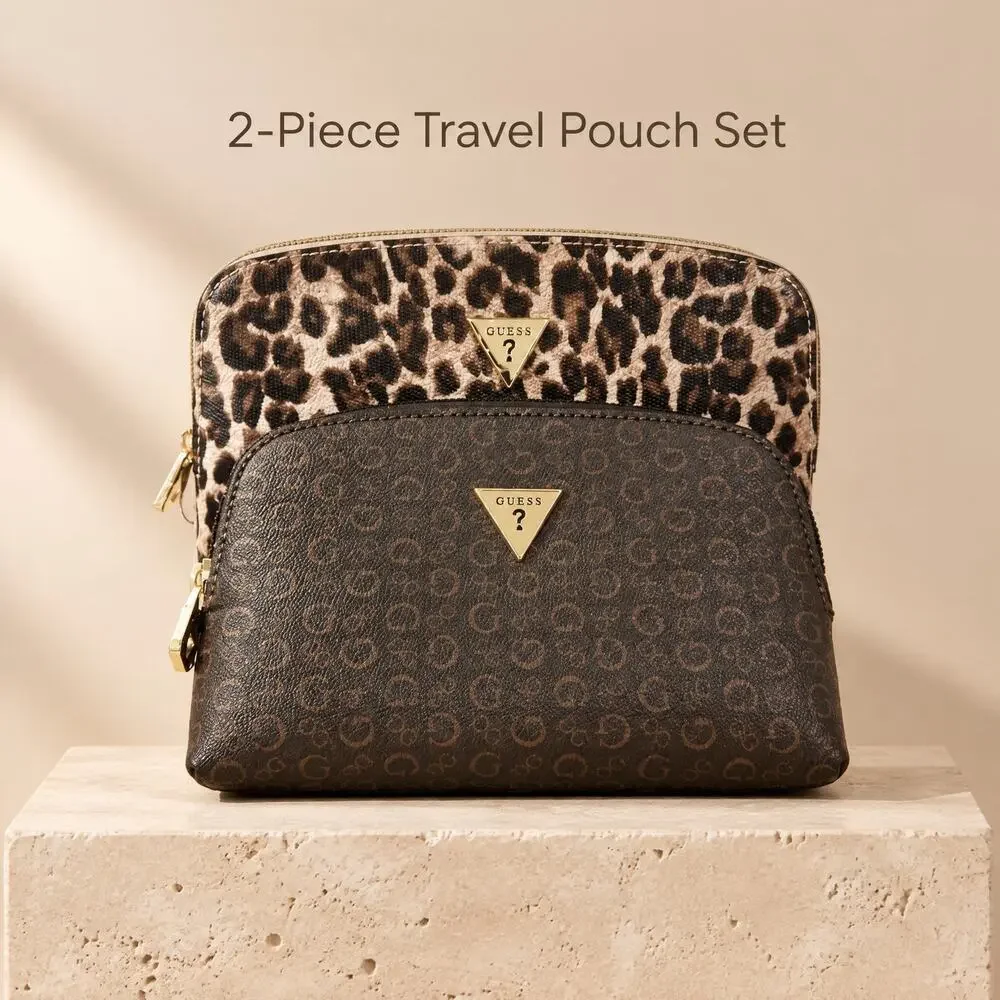 GUESS Travel Cosmetic Makeup Bag Brown Monogram Leopard Print Pouch